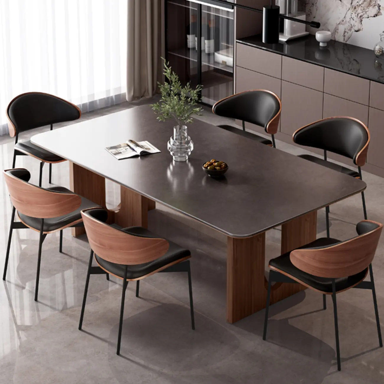 Warm Wood Finish Slate Dining Table Set with Padded Chairs Image - 1 | homeyfad