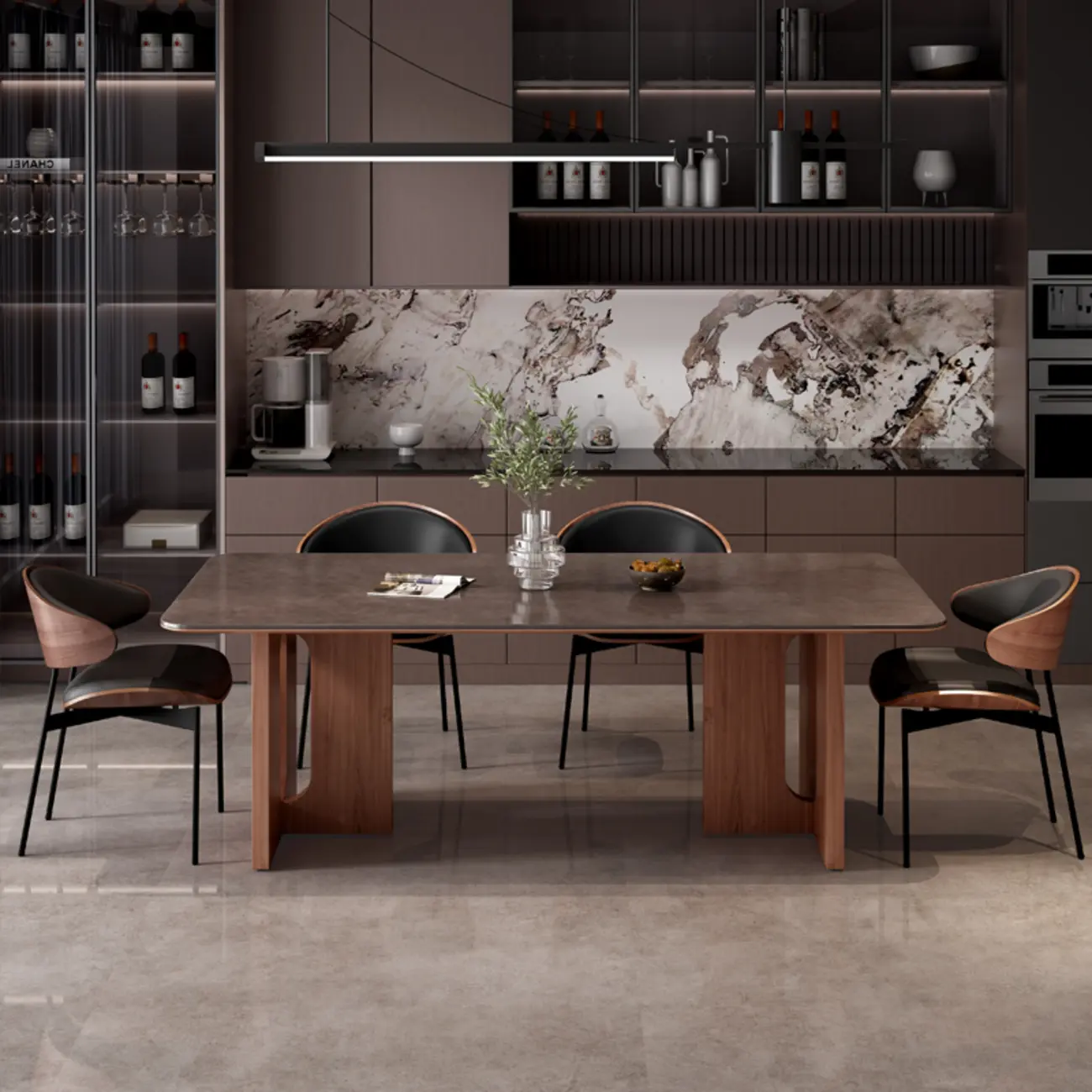Warm Wood Finish Slate Dining Table Set with Padded Chairs Image - 2 | homeyfad