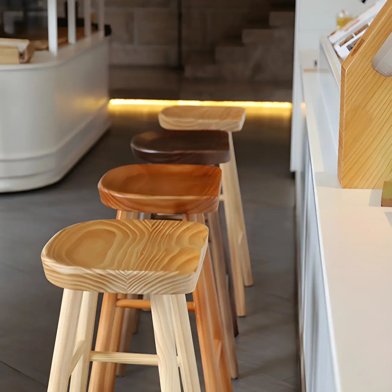 Rustic Solid Wood Backless Bar Stools with Footrest for Kitchen Image - 5