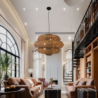 Vintage Rattan 3 Tiers Chandelier for Living Room Decor Image - 1