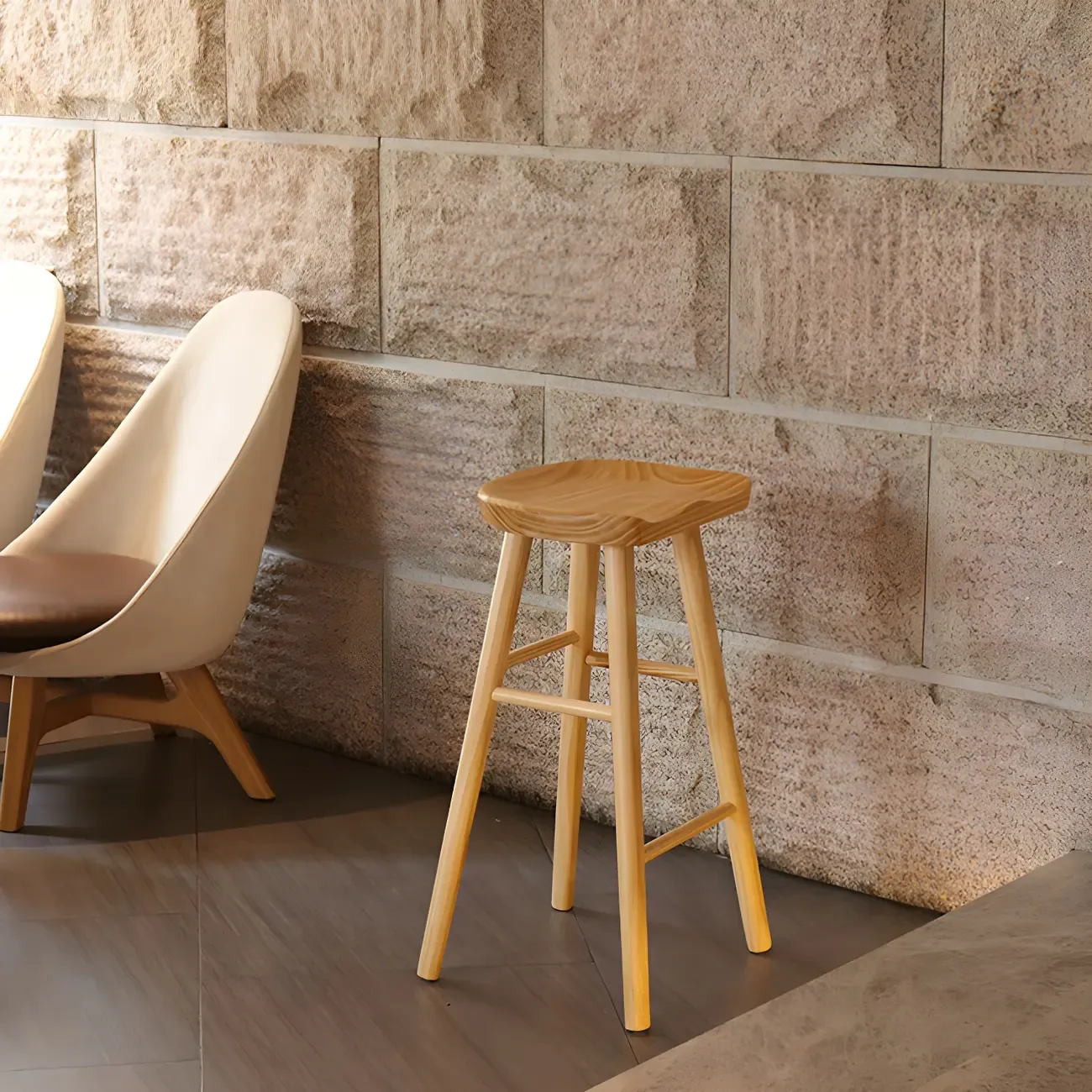 Rustic Solid Wood Backless Bar Stools with Footrest for Kitchen Image - 9