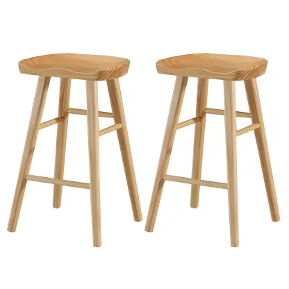 Rustic Solid Wood Backless Bar Stools with Footrest for Kitchen Image - 26