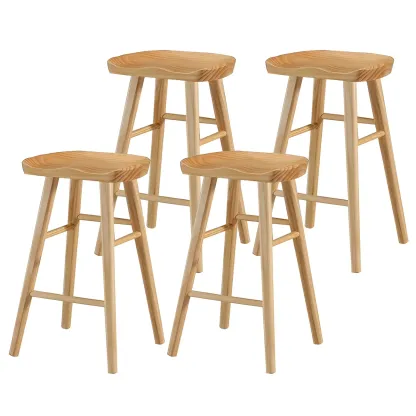 Rustic Solid Wood Backless Bar Stools with Footrest for Kitchen Image - 27