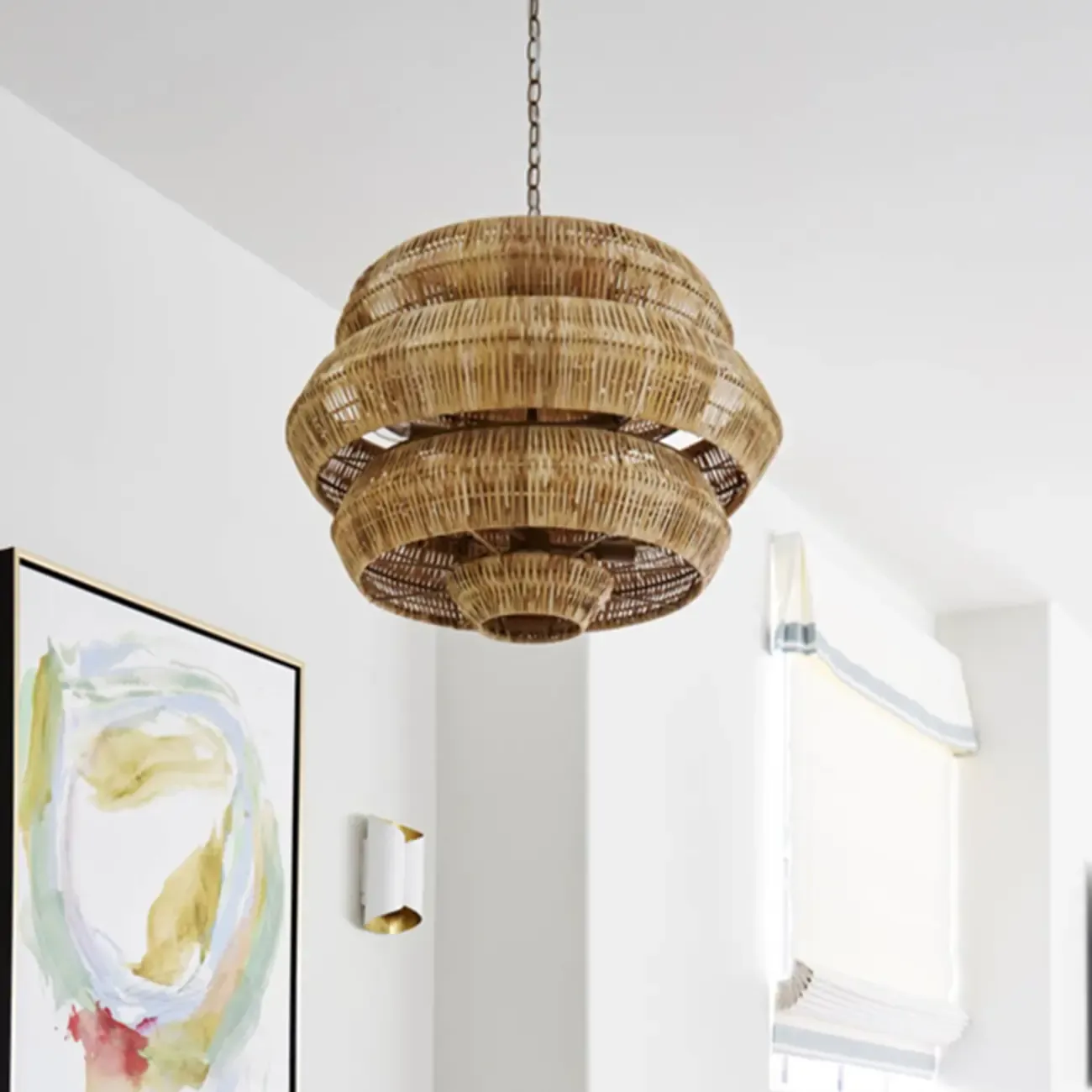 Vintage Rattan 3 Tiers Chandelier for Living Room Decor Image - 12