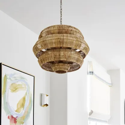 Vintage Rattan 3 Tiers Chandelier for Living Room Decor Image - 12