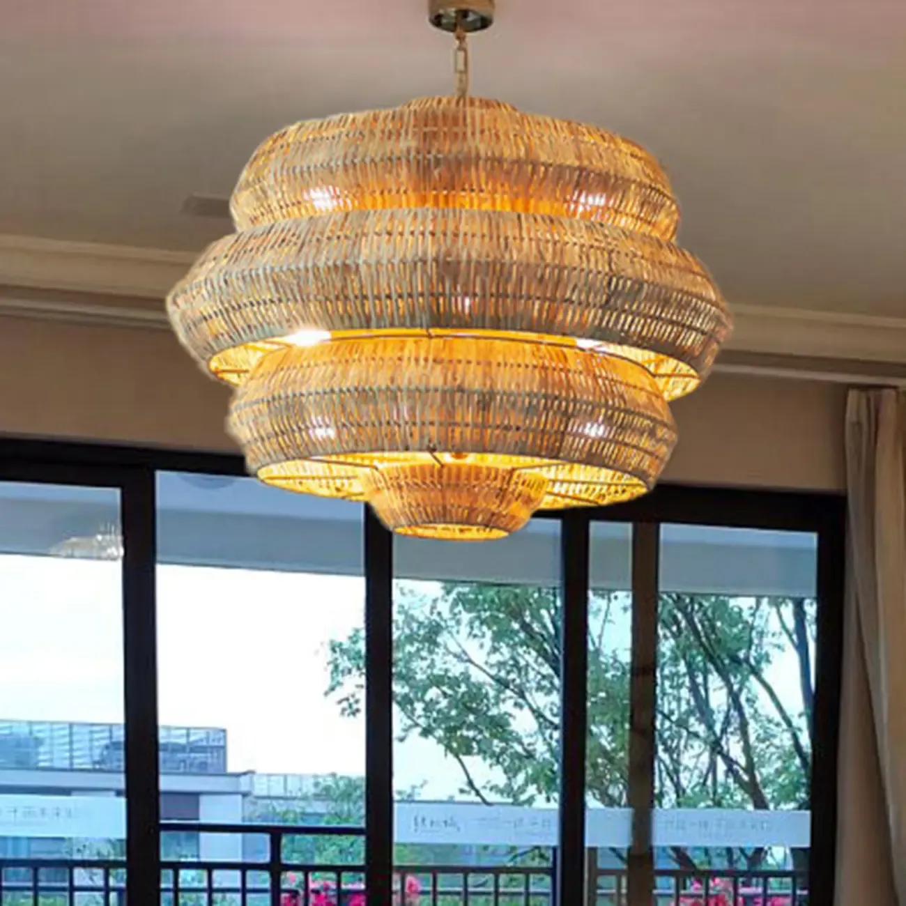 Vintage Rattan 3 Tiers Chandelier for Living Room Decor Image - 13