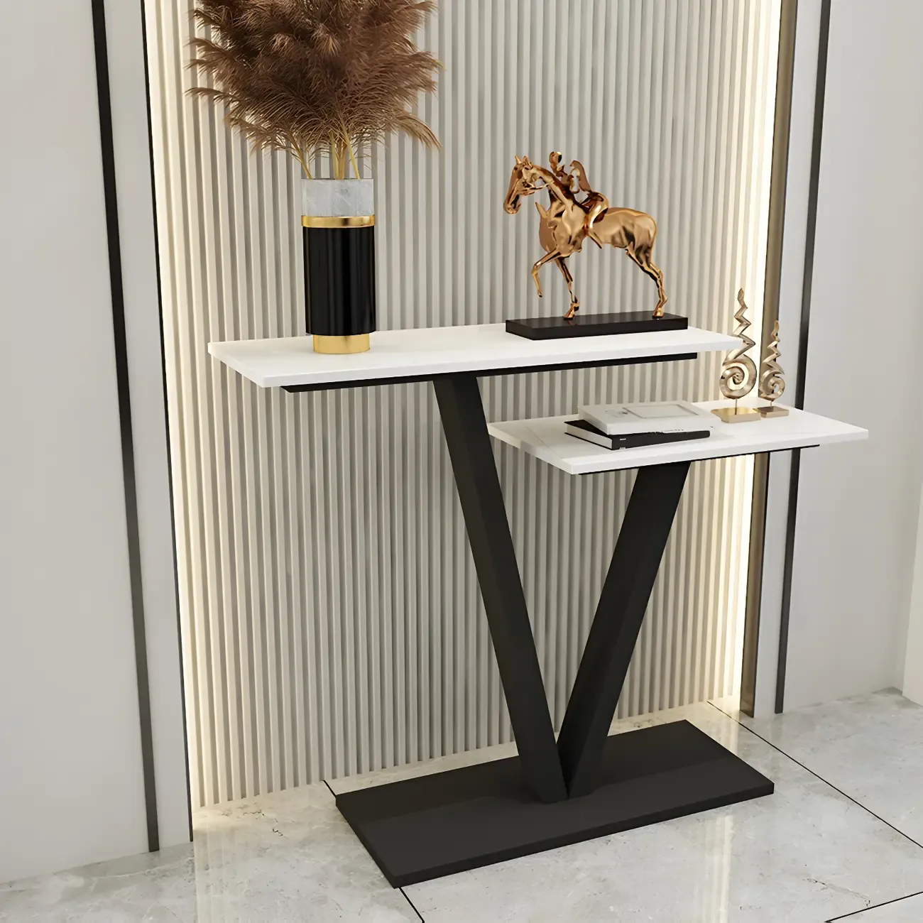 Glam White Rectangular Console Table with Pedestal Base Image - 1