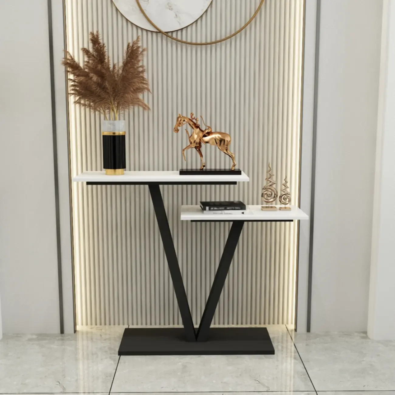 Glam White Rectangular Console Table with Pedestal Base Image - 2