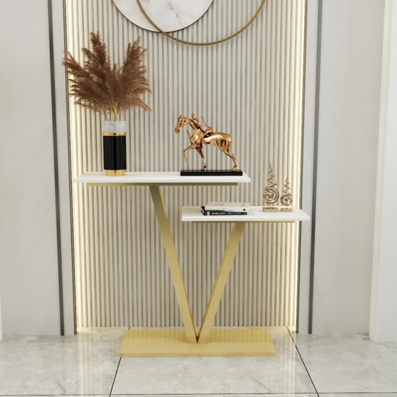 Glam White Rectangular Console Table with Pedestal Base Image - 3