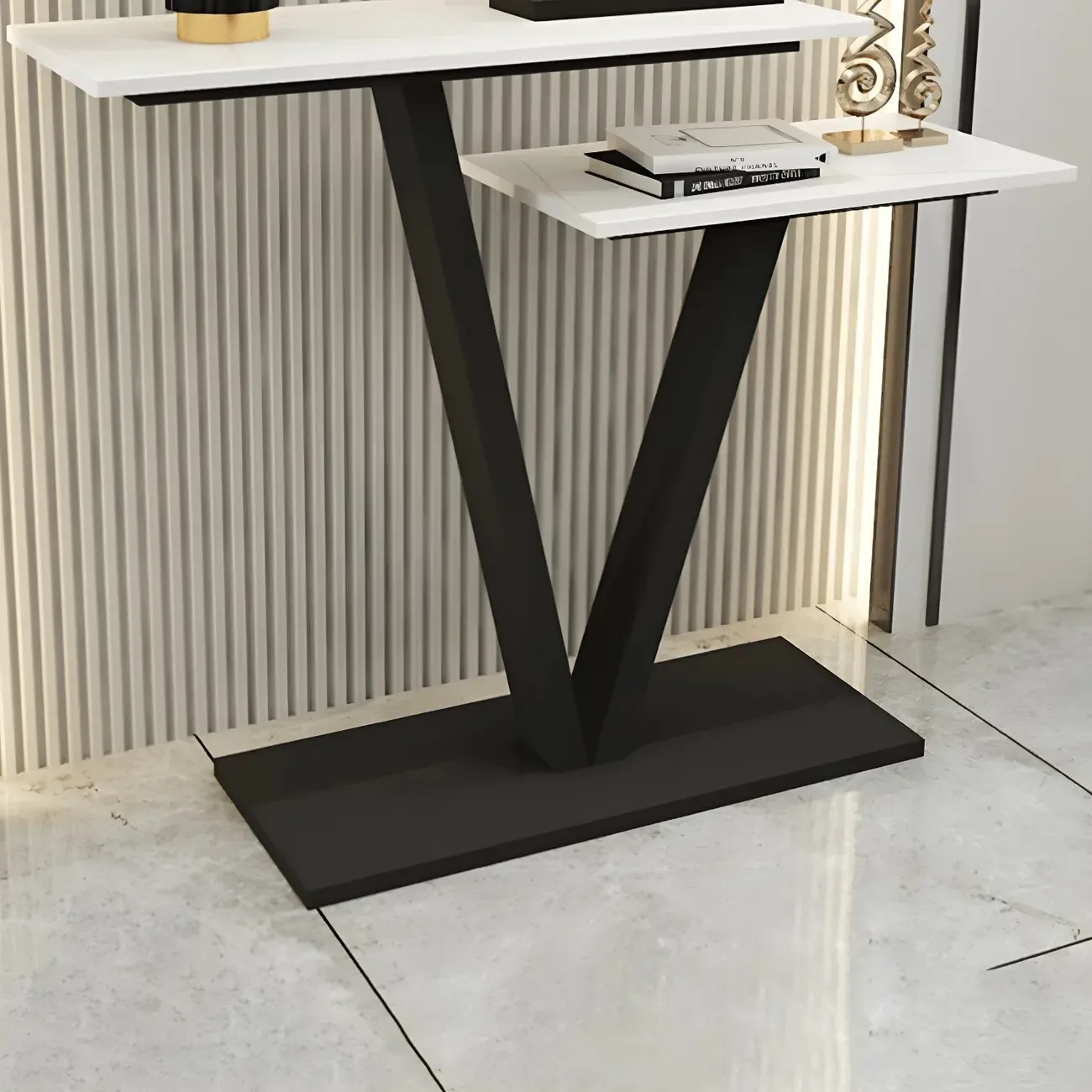 Glam White Rectangular Console Table with Pedestal Base Image - 4