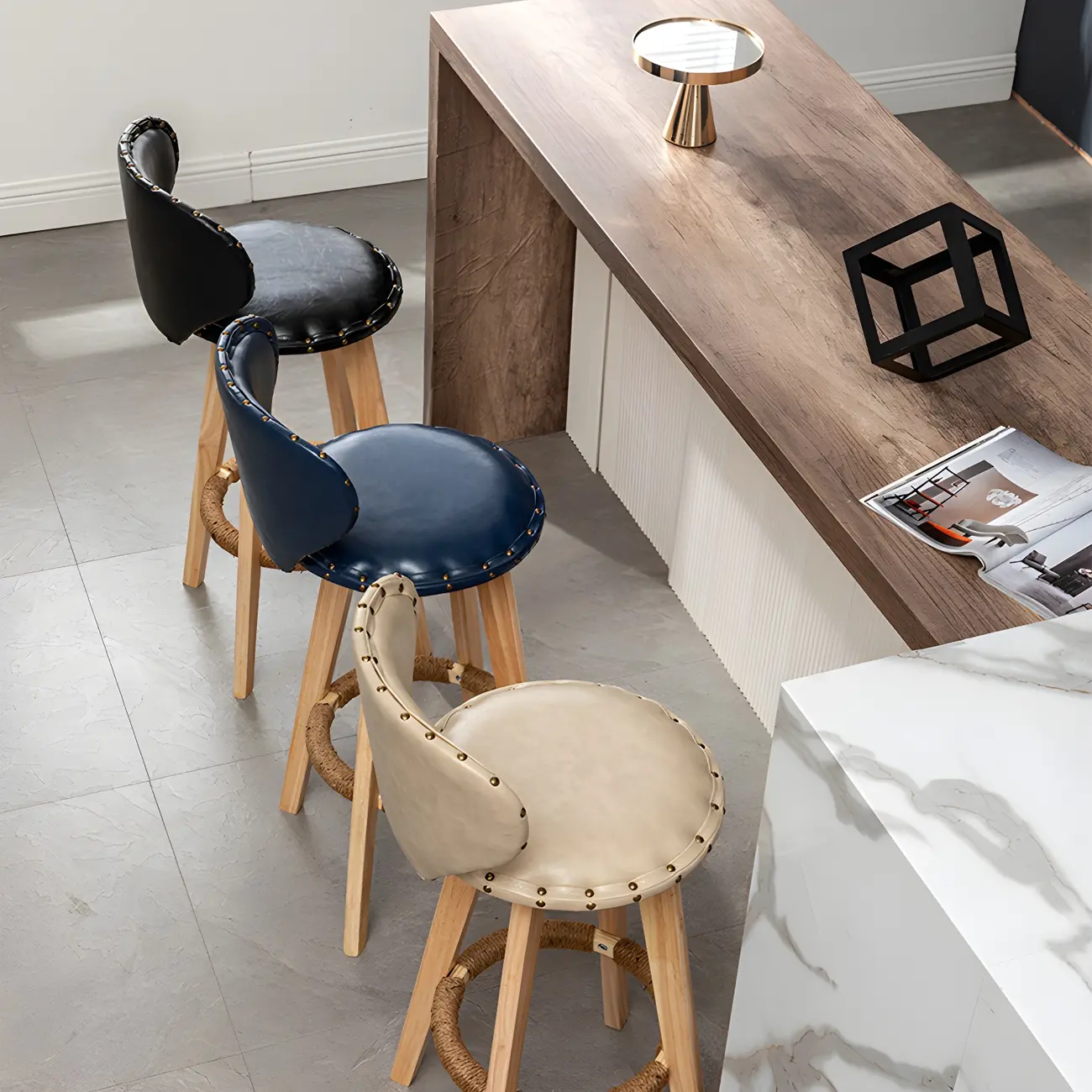  Modern Style Leather Swivel Bar Stools with Wooden Frame Image - 2 | homeyfad