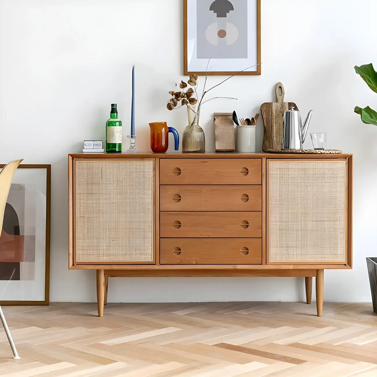 Classic Rattan Wood Sideboard with Storage for Dining Room Image - 1