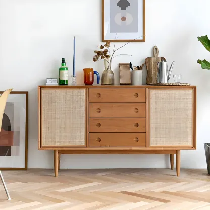 Classic Rattan Wood Sideboard with Storage for Dining Room Image - 1