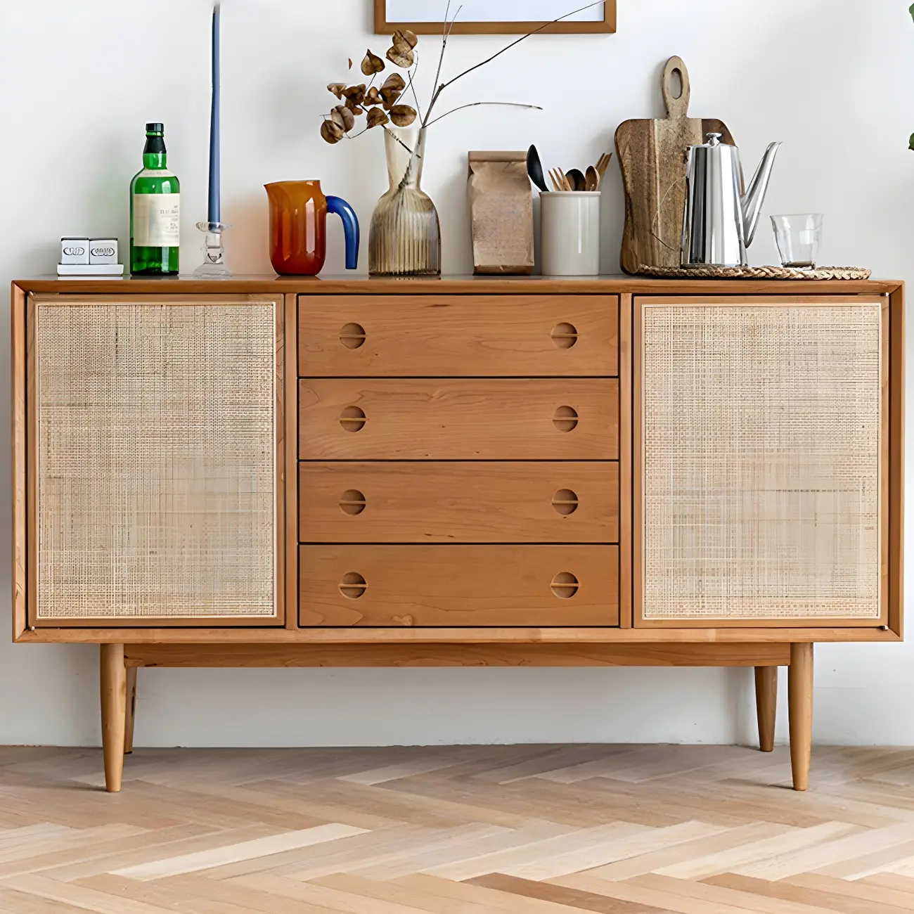 Classic Rattan Wood Sideboard with Storage for Dining Room Image - 2 | homeyfad