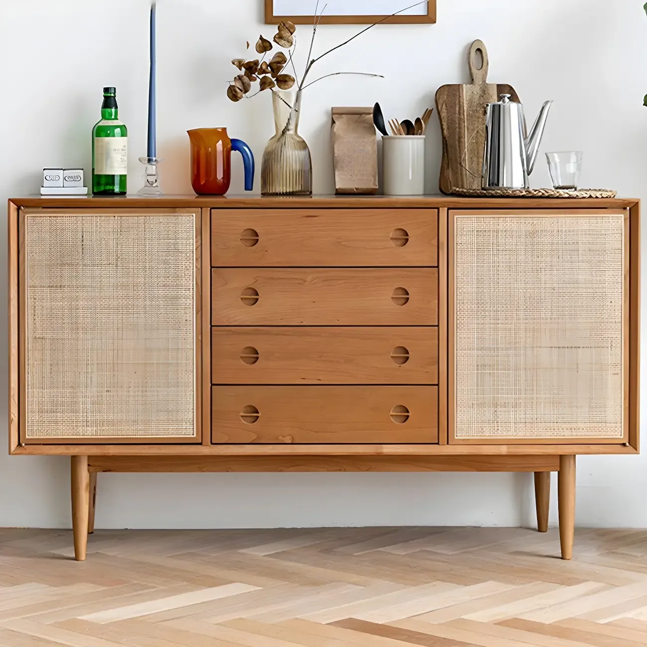Classic Rattan Wood Sideboard with Storage for Dining Room | HomeyFad