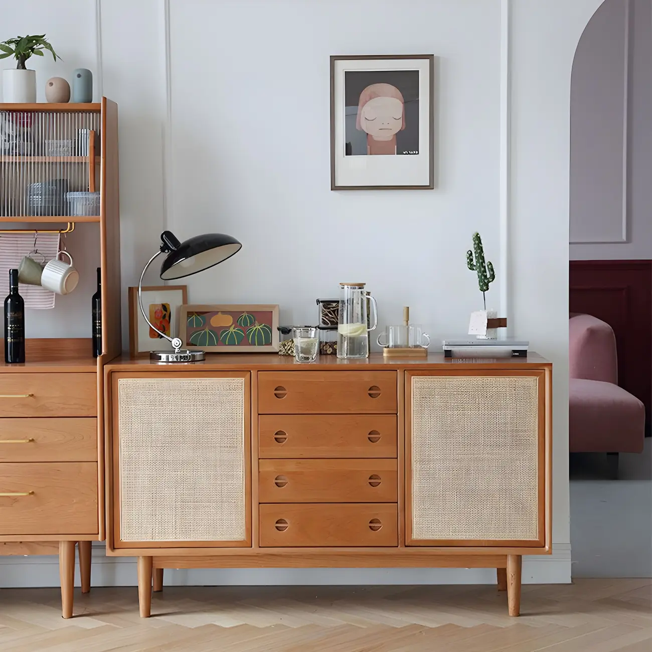 Classic Rattan Wood Sideboard with Storage for Dining Room Image - 3 | homeyfad