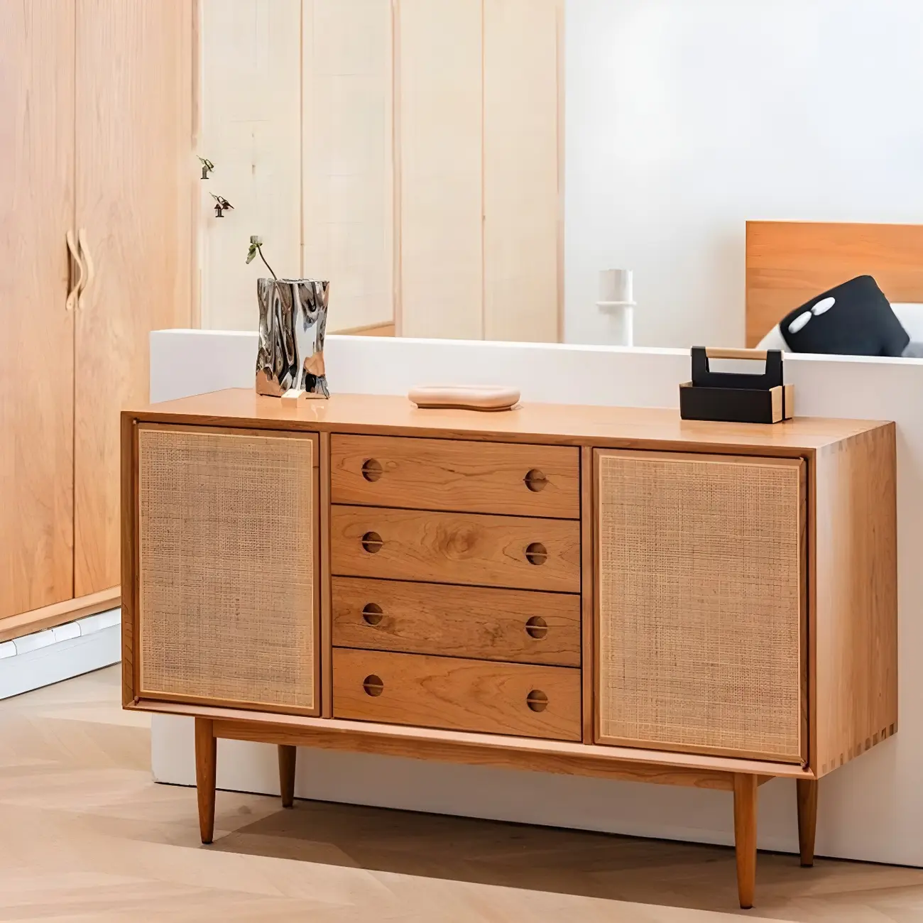 Classic Rattan Wood Sideboard with Storage for Dining Room Image - 4 | homeyfad