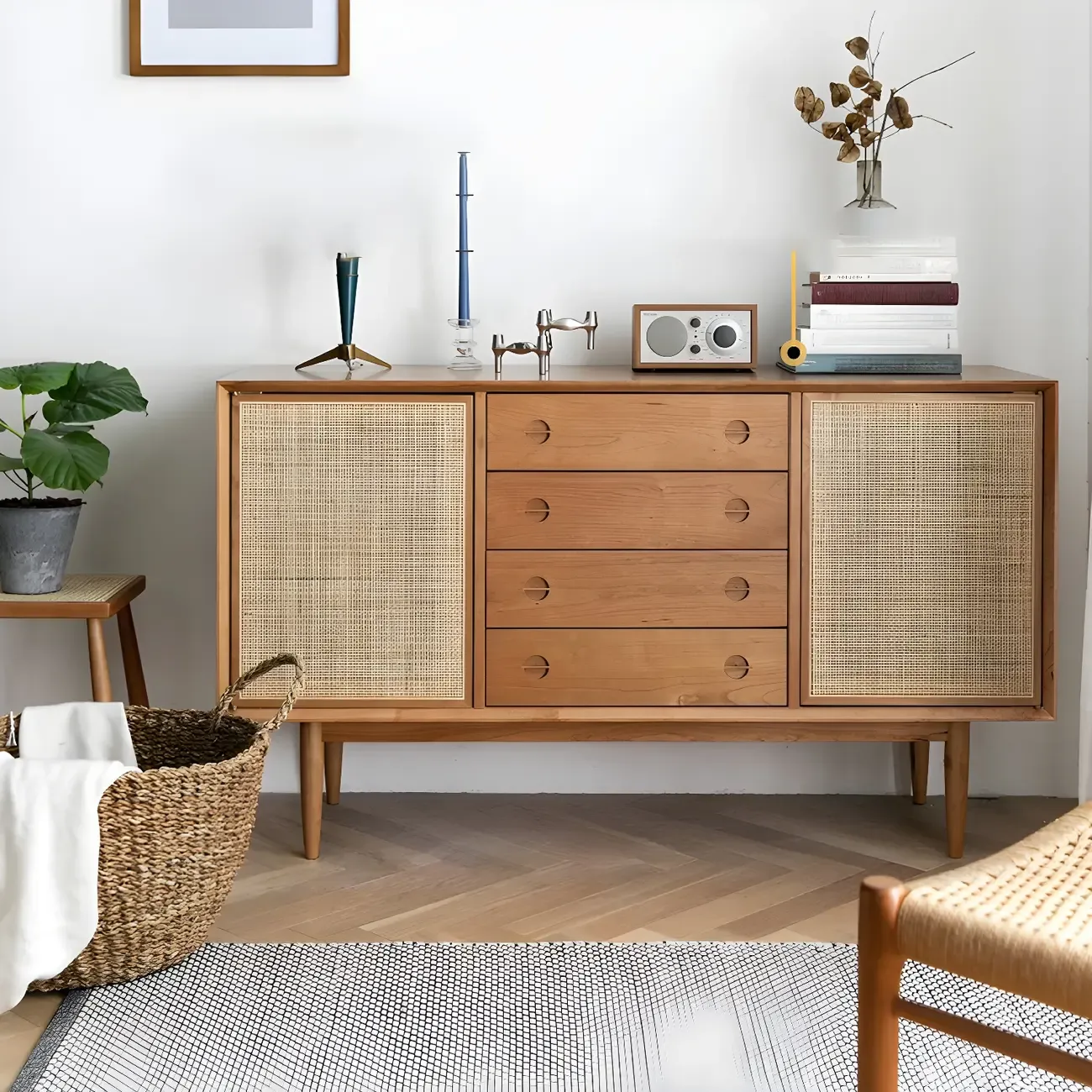 Classic Rattan Wood Sideboard with Storage for Dining Room Image - 5