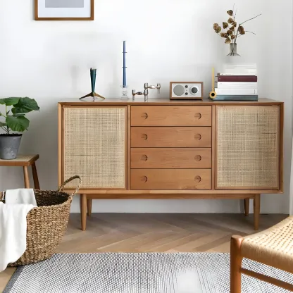Classic Rattan Wood Sideboard with Storage for Dining Room Image - 5