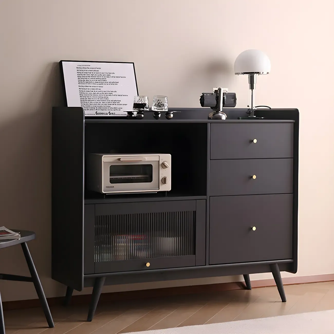 Modern 3 Drawer Buffet Table with Glass Doors in Black Image - 1