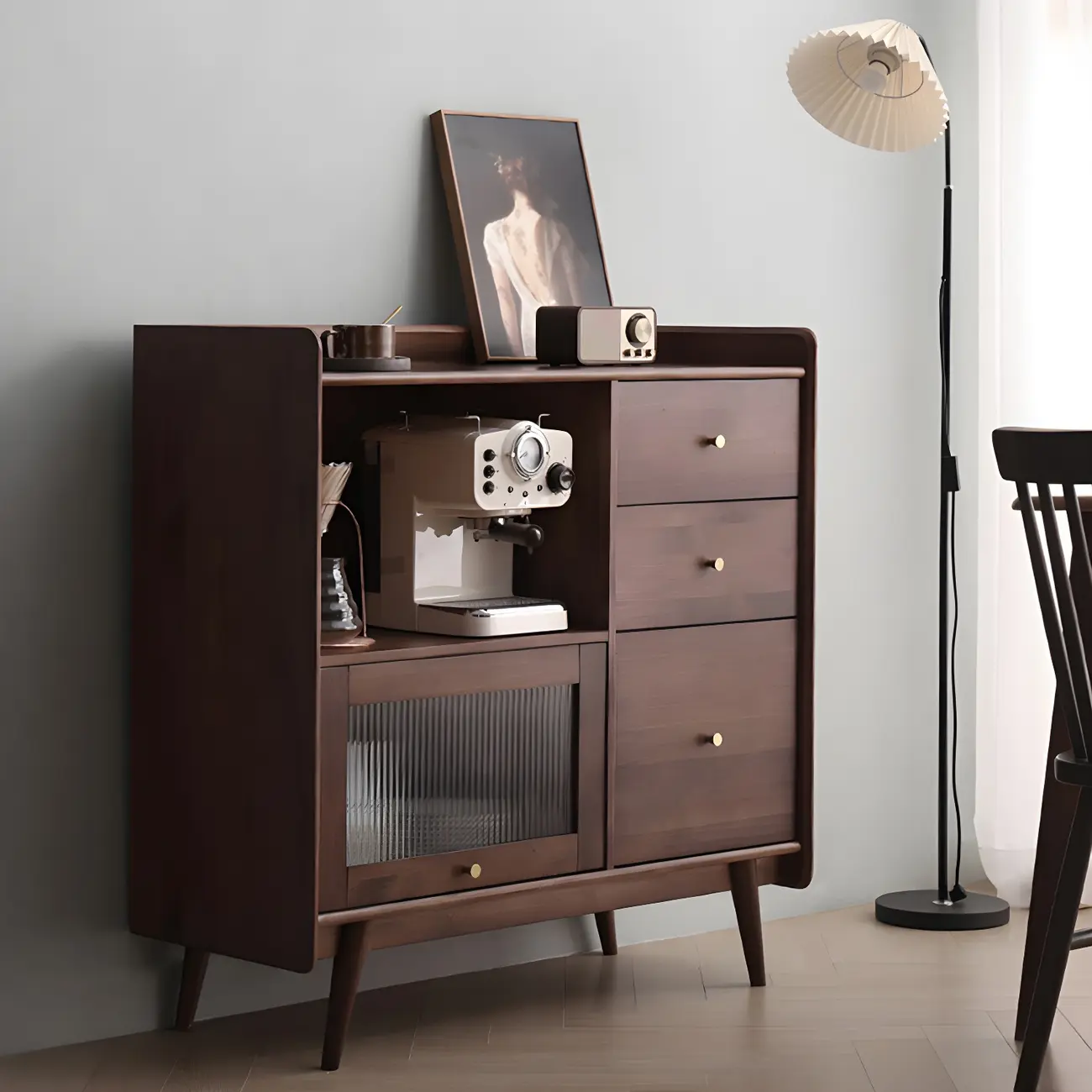 Modern 3 Drawer Buffet Table with Glass Doors in Black Image - 6 | homeyfad