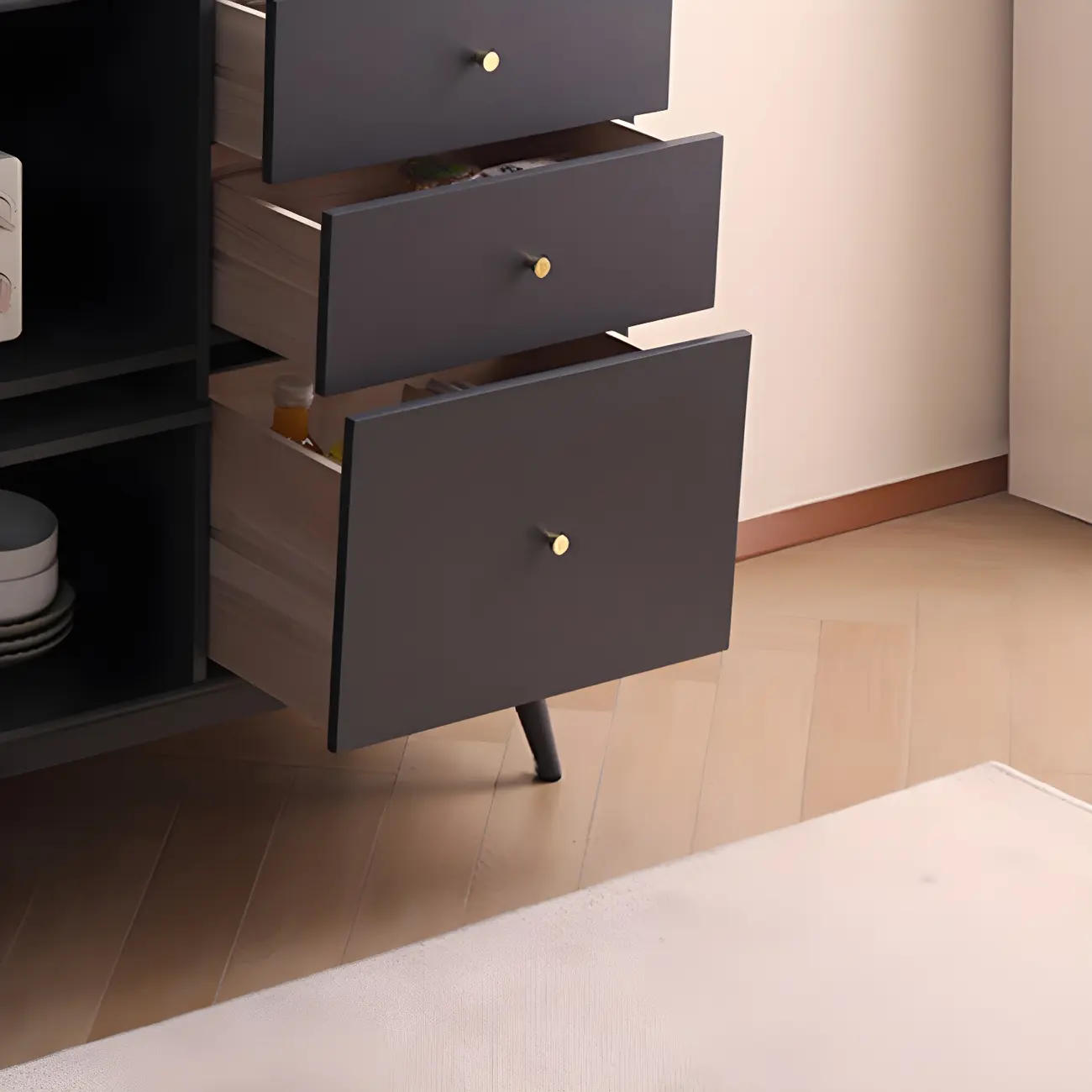 Modern 3 Drawer Buffet Table with Glass Doors in Black Image - 8 | homeyfad