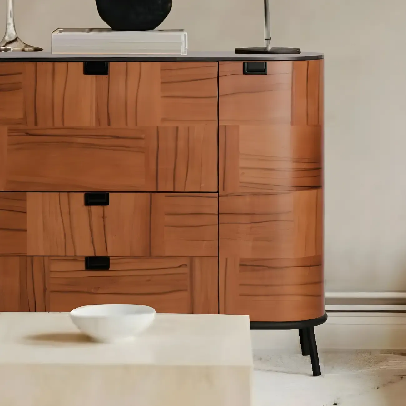 Brown Wooden Sideboard Cabinets with Stone Countertop Image - 3
