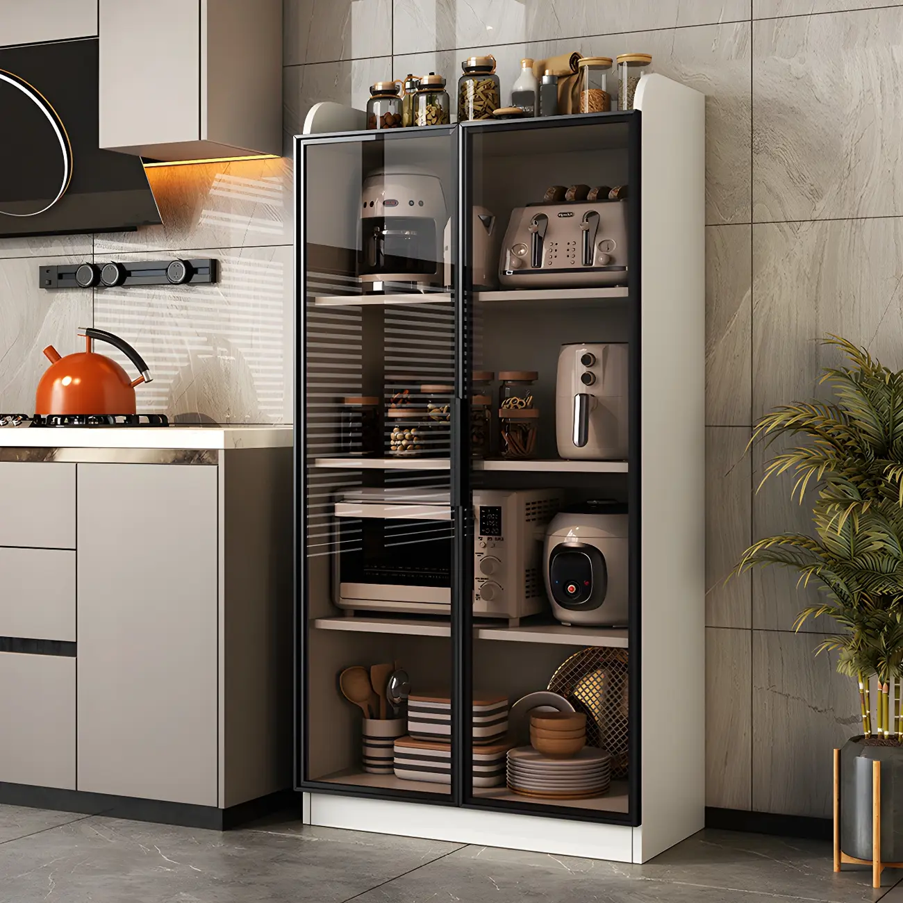 Modern White Wooden Sideboard with Glass Doors for Kitchen Image - 1 | homeyfad