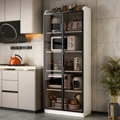 Modern White Wooden Sideboard with Glass Doors for Kitchen Image - 2