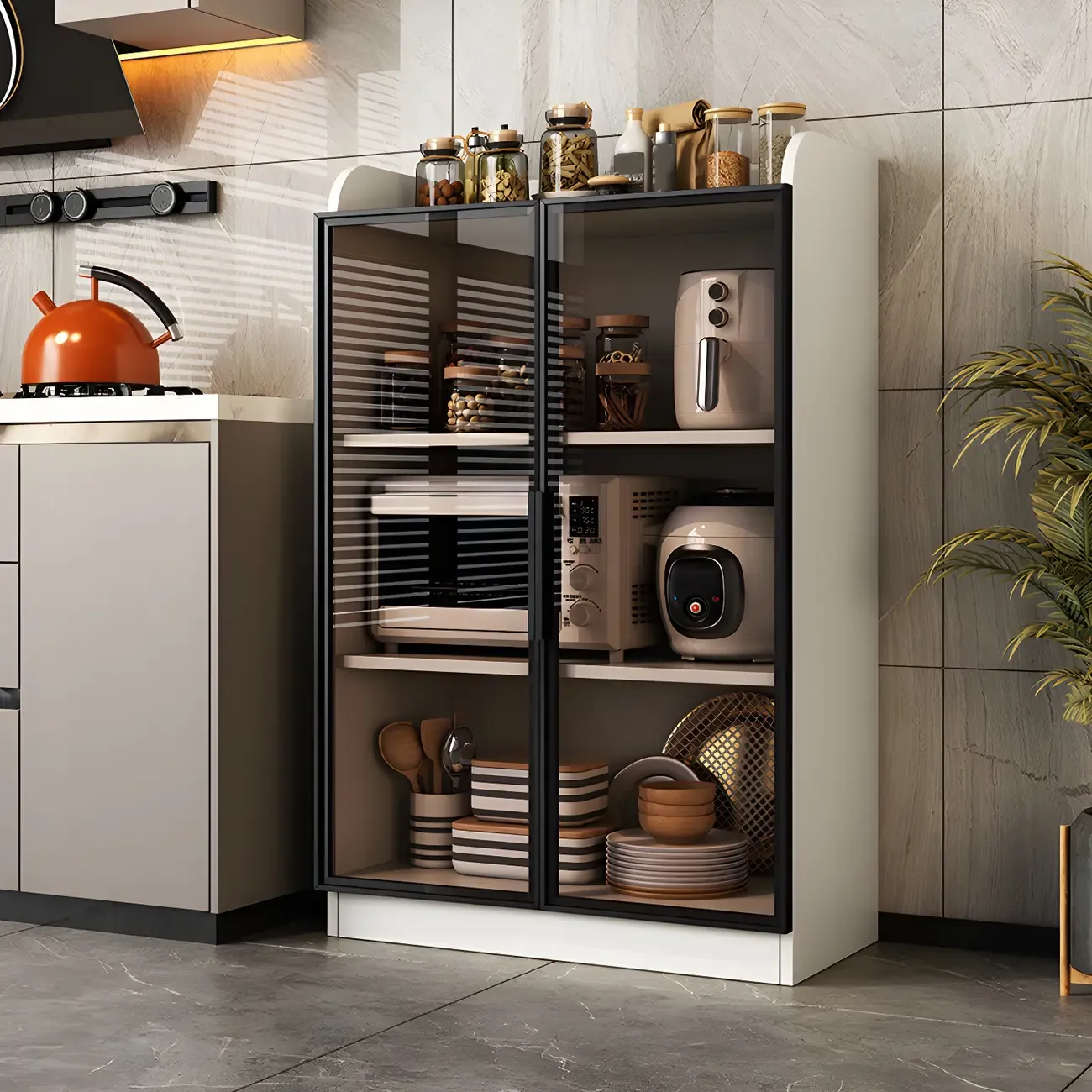 Modern White Wooden Sideboard with Glass Doors for Kitchen Image - 3