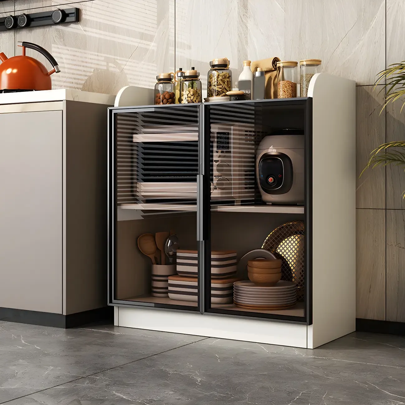 Modern White Wooden Sideboard with Glass Doors for Kitchen Image - 4