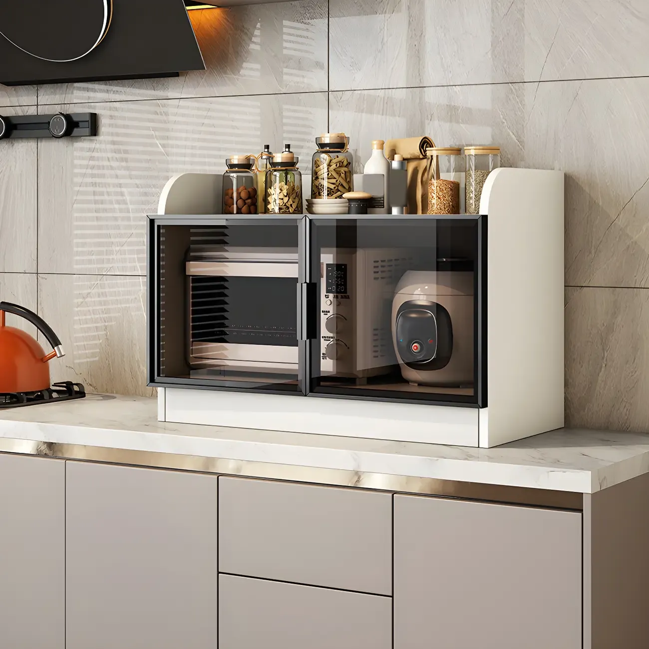 Modern White Wooden Sideboard with Glass Doors for Kitchen Image - 5