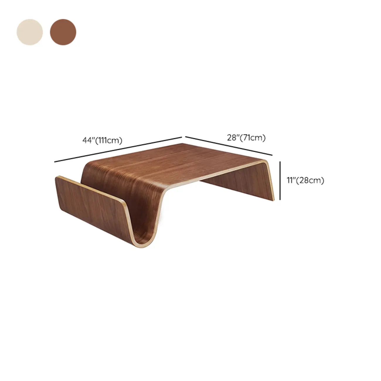 Modern Wooden Brown Curved Coffee Table with Double Pedestal #size