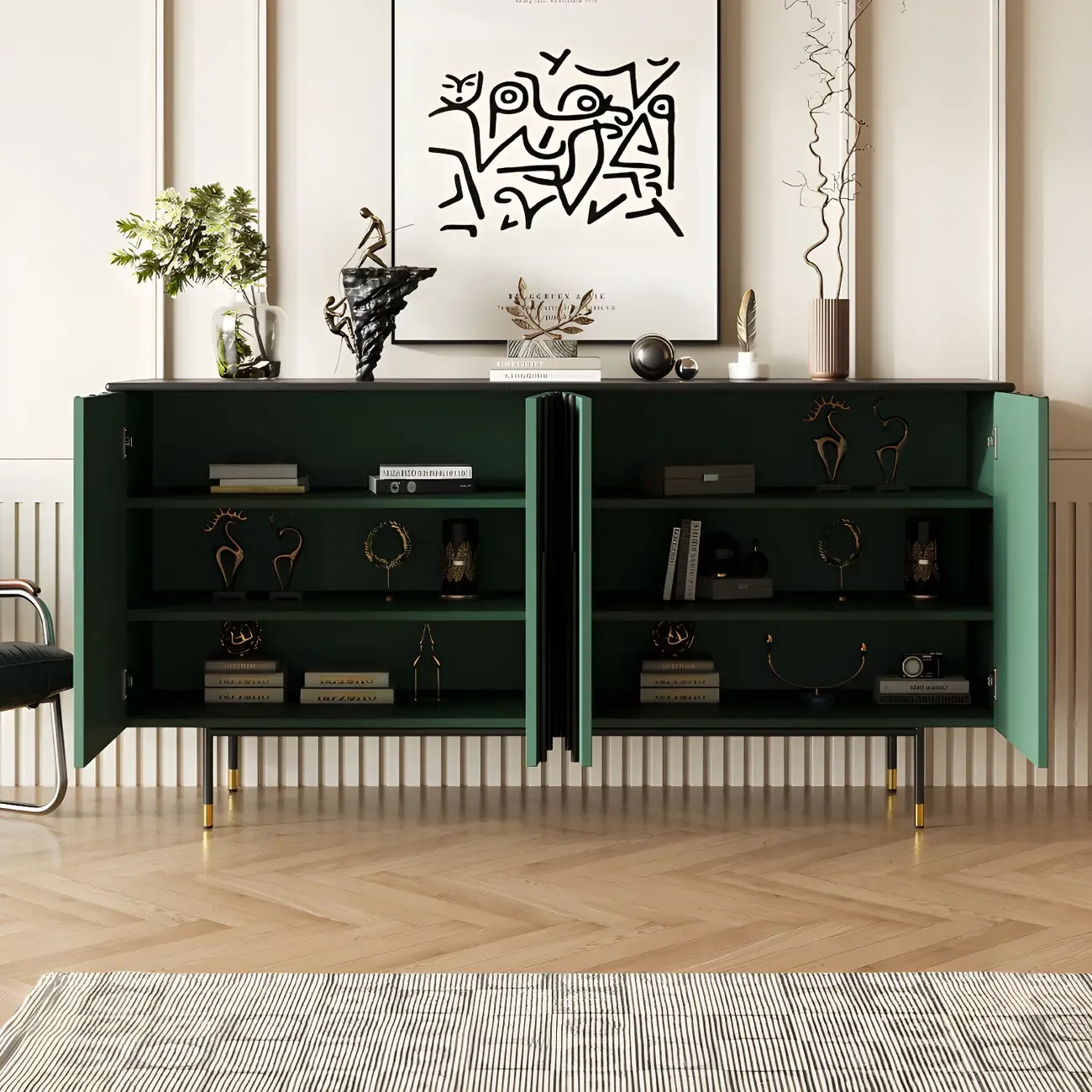 Unique Glam Wooden Sideboard Cabinet in Green/Brown Image - 3