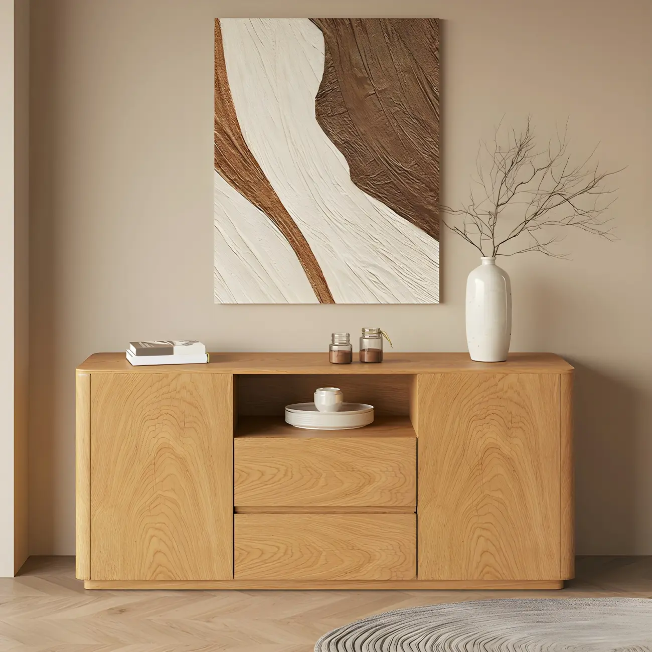 Scandinavian Brown Wooden Sideboard with Open Storage Image - 1 | homeyfad