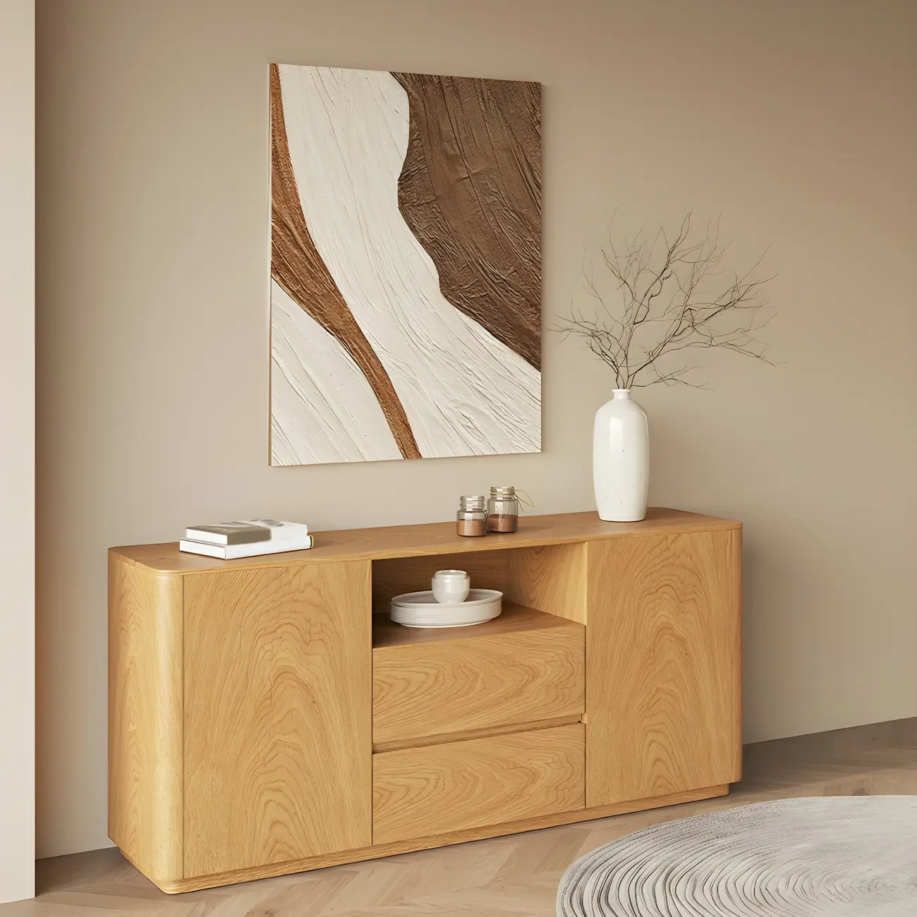 Scandinavian Brown Wooden Sideboard with Open Storage Image - 2 | homeyfad