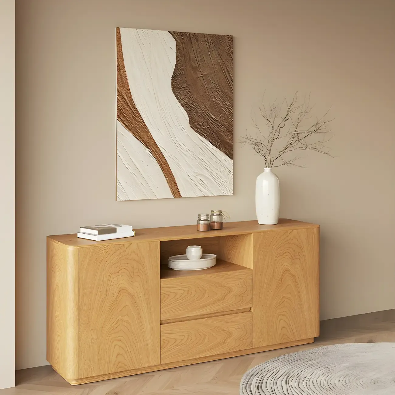 Scandinavian Brown Wooden Sideboard with Open Storage Image - 2