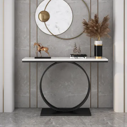 Faux Marble Console Table Black Geometric Base Image - 1