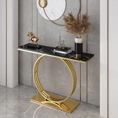 Faux Marble Console Table Black Geometric Base Image - 2