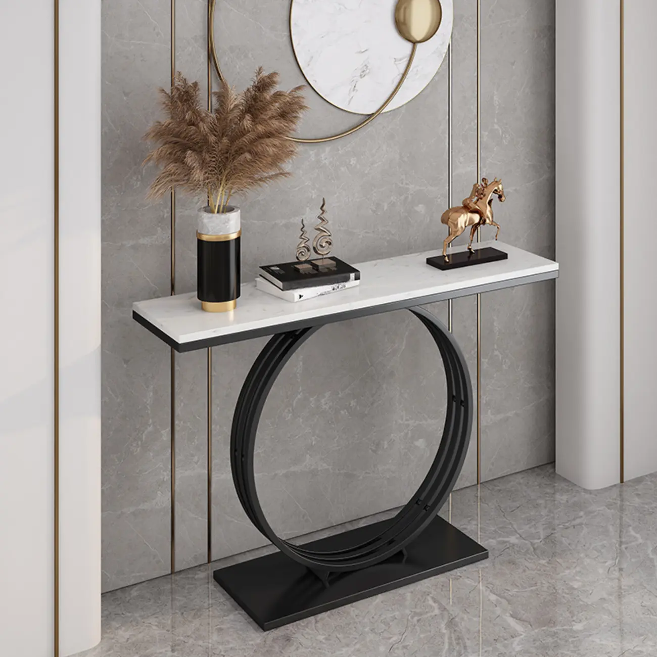 Faux Marble Console Table Black Geometric Base Image - 3 | homeyfad