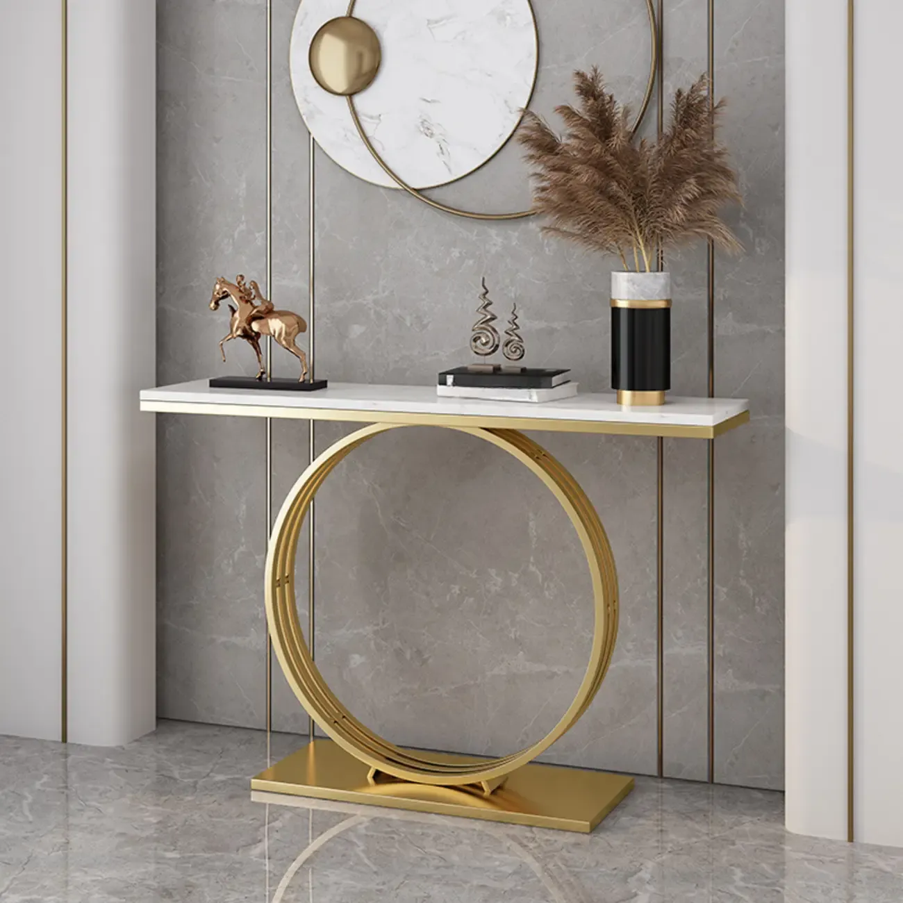 Faux Marble Console Table Black Geometric Base Image - 4