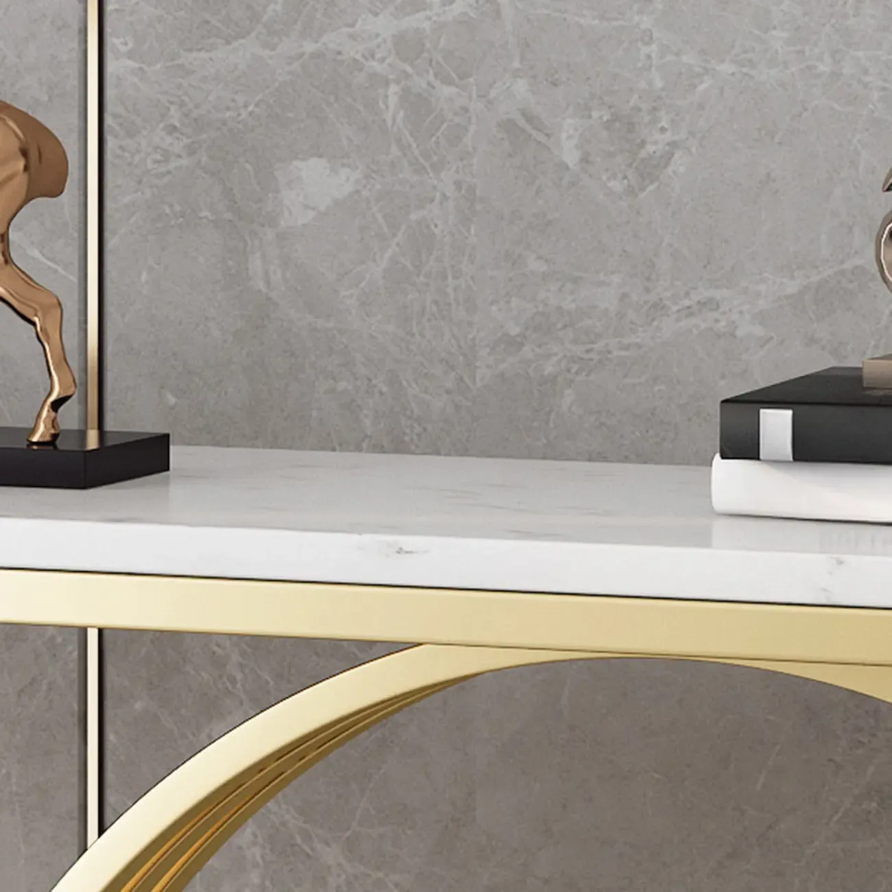 Faux Marble Console Table Black Geometric Base Image - 6