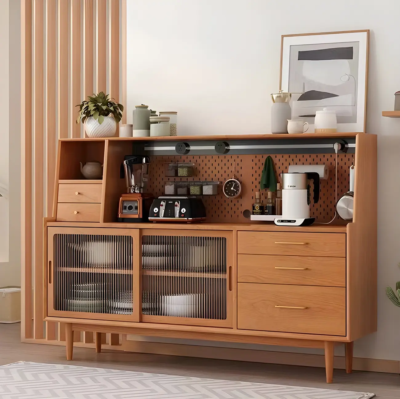 Scandinavian Natural Wood Sideboard with Shelf & Drawer Image - 4 | homeyfad