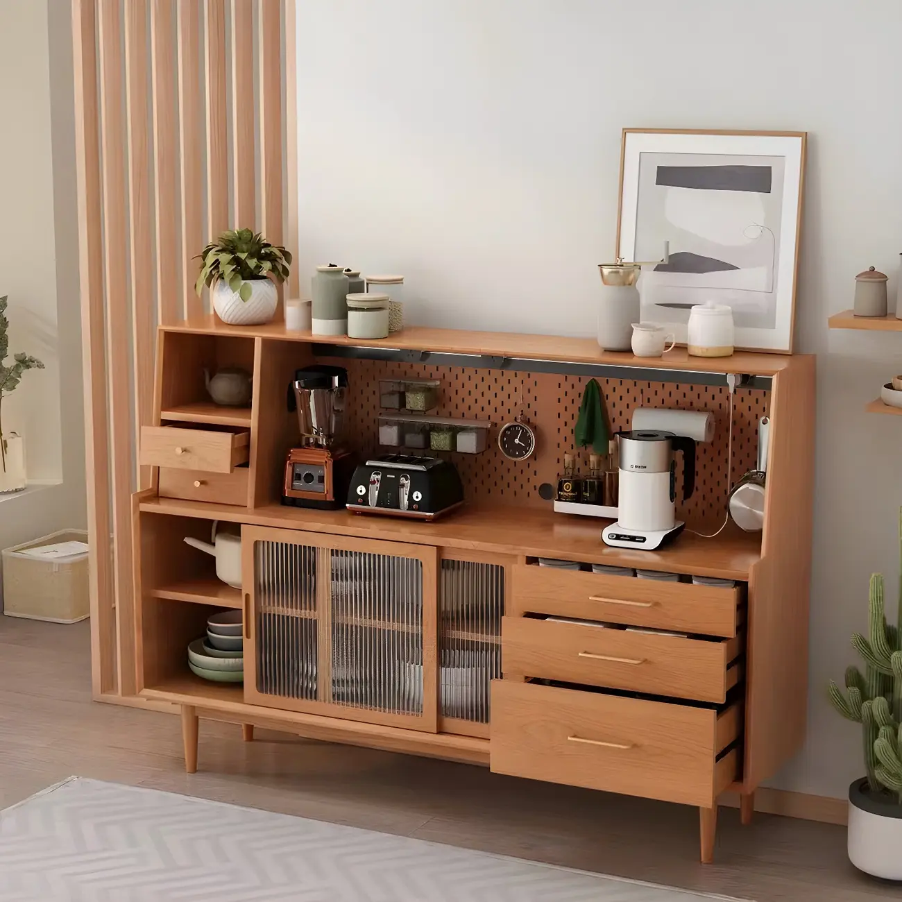 Scandinavian Natural Wood Sideboard with Shelf & Drawer Image - 6 | homeyfad