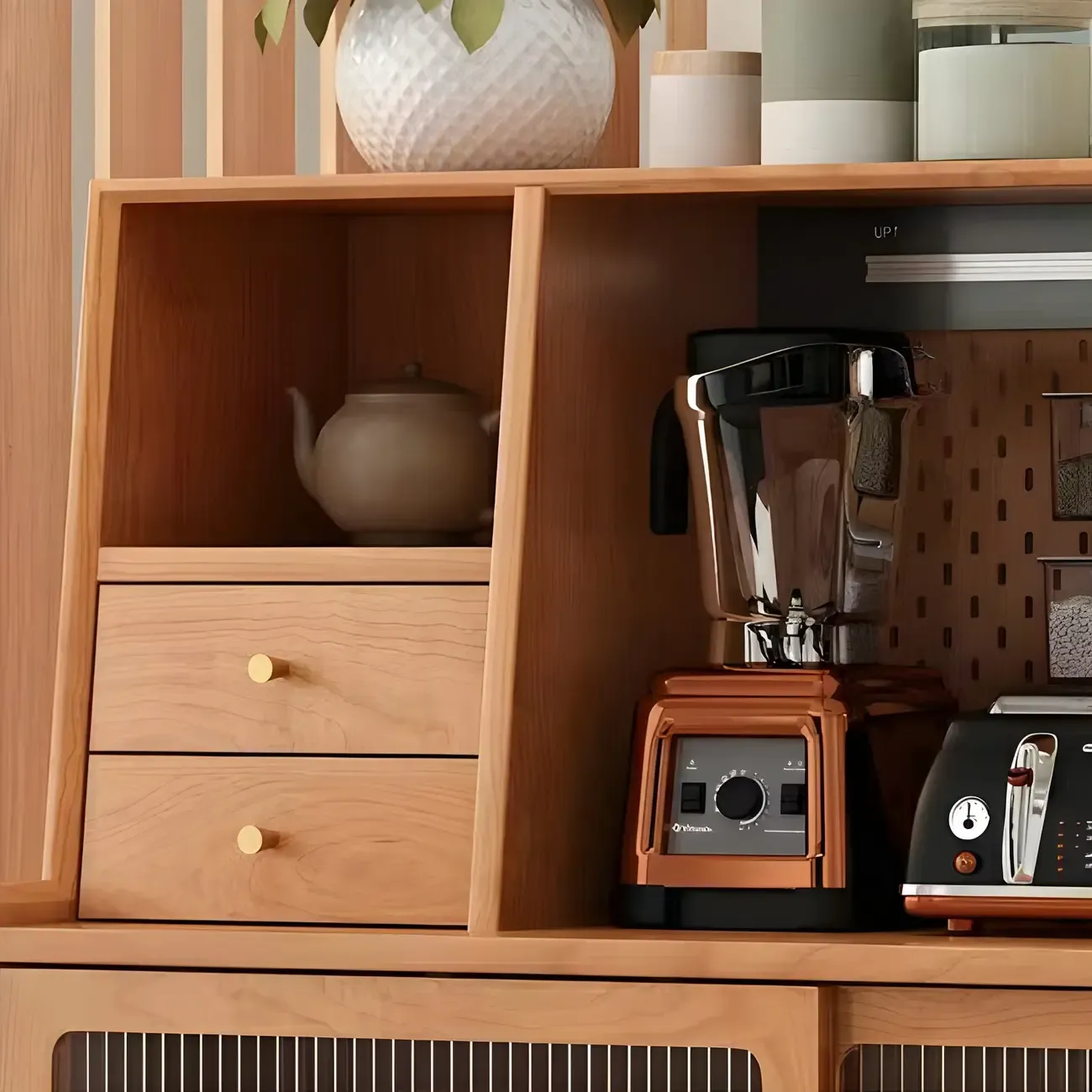 Scandinavian Natural Wood Sideboard with Shelf & Drawer Image - 7