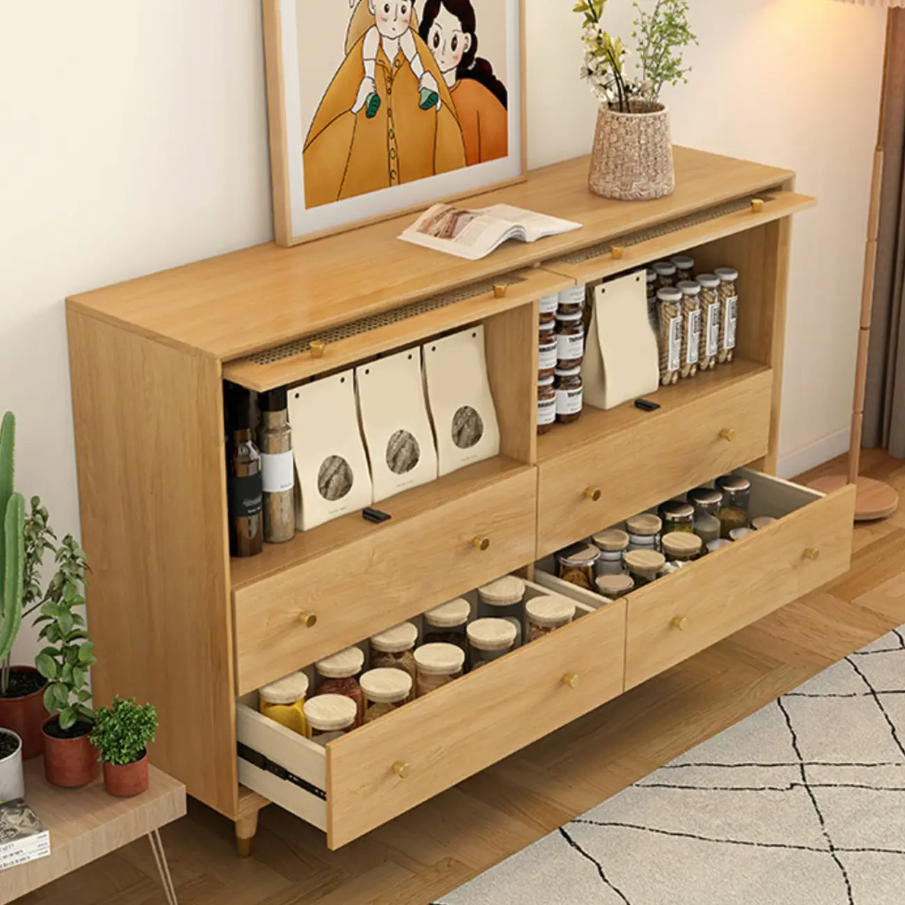 Oriental Wooden Sideboard with Drawers in Brown Image - 4 | homeyfad