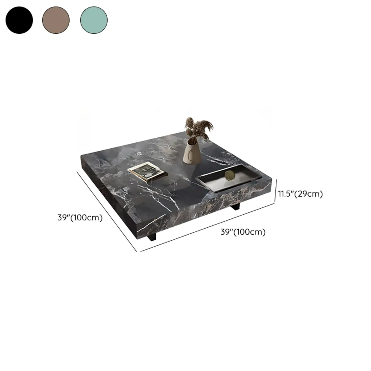 Modern Low Stone Square Coffee Table with Double Pedestal #size