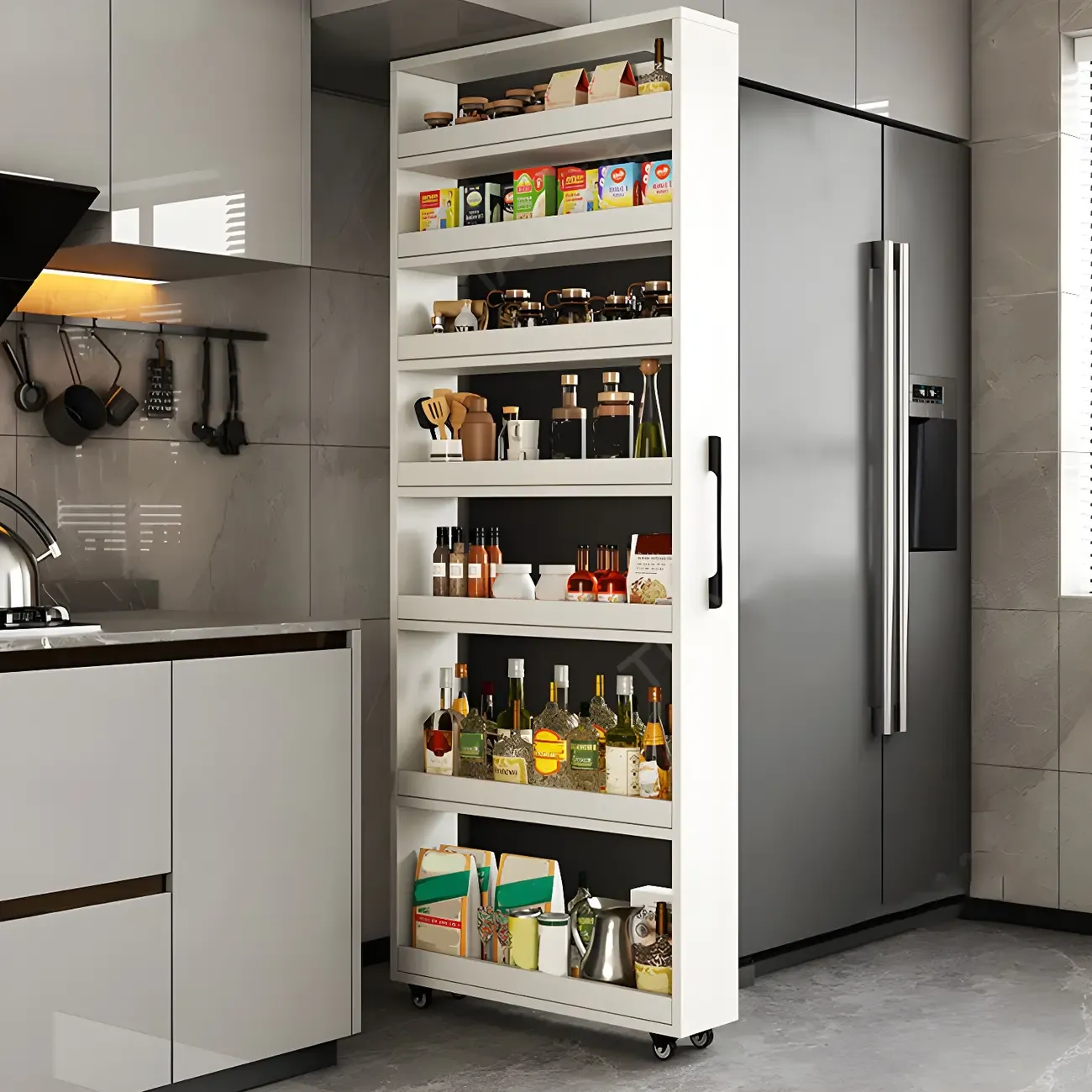 Modern Wooden Buffet Table with Open Shelves and Caster Image - 1