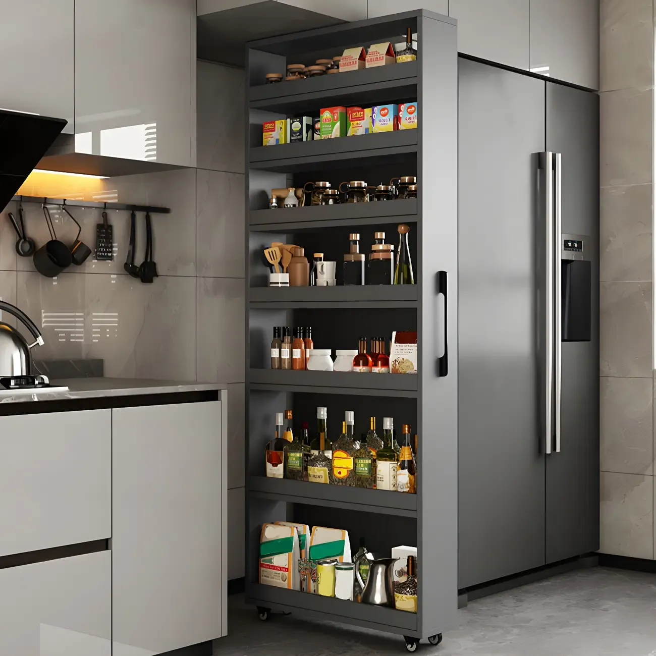 Modern Wooden Buffet Table with Open Shelves and Caster Image - 2