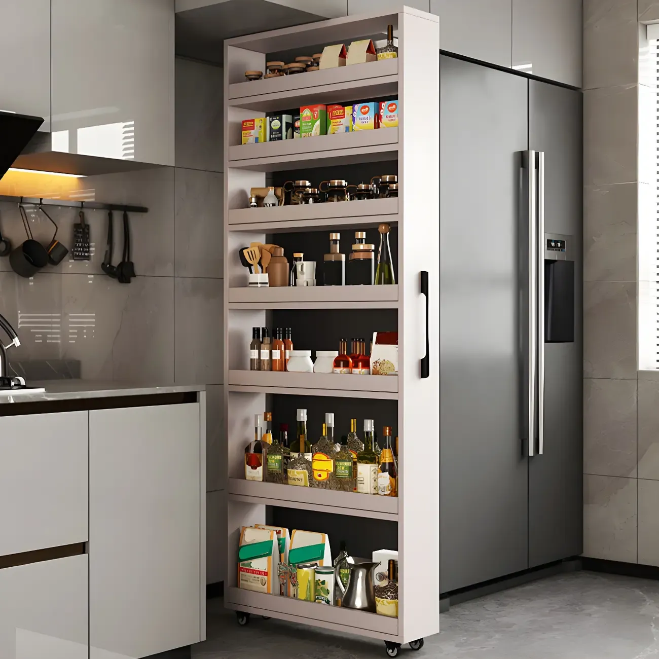 Modern Wooden Buffet Table with Open Shelves and Caster Image - 5